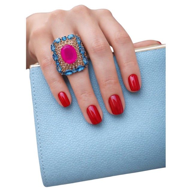 Late 20th Century Bochic “Capri” Vintage Ruby & Blue Topaz Ring Set In 18K Gold & Silver For Sale - Image 5 of 11