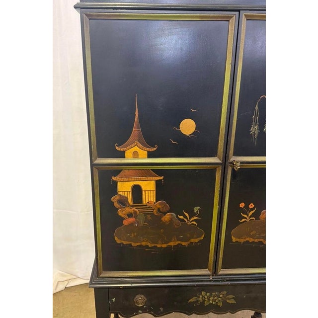 Antique Art Deco Chinoiserie Black and Green Hand Painted Drop Front Desk For Sale - Image 13 of 14