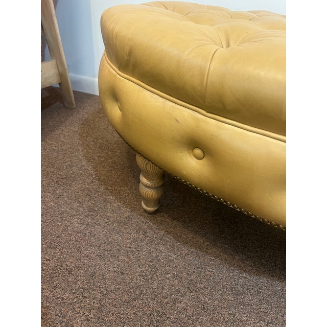 Mustard 1980s Large Tufted Leather Oval Ottoman For Sale - Image 8 of 9