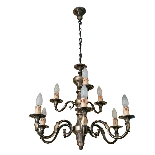 Metal Vintage Nine-Light Brass Chandelier, 1950s For Sale - Image 7 of 7