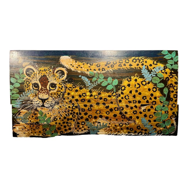 1960's Oil on Rustic Wood Boards Leopard Painting by Jan McPherson Signed For Sale