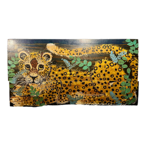 1960's Oil on Rustic Wood Boards Leopard Painting by Jan McPherson Signed
