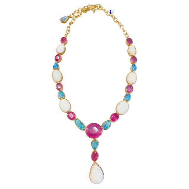 Bochic "Capri" Vintage Natural Gem Necklace & Earrings, White / Blue Opal & Ruby For Sale - Image 17 of 18