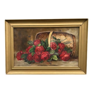 Antique Victorian Still Life Oil Painting on Canvas Basket of Roses With Bees For Sale