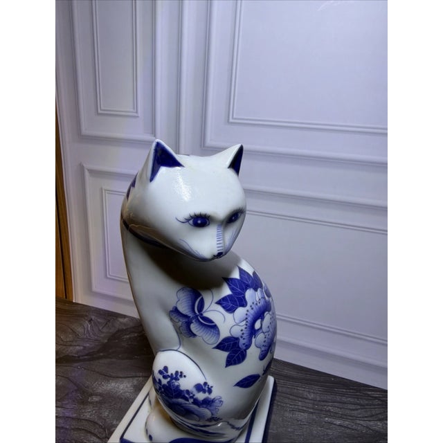 Mid-Century Modern Vintage MCM Blue White Porcelain Cat Figurine Hand Painted Thailand For Sale - Image 3 of 8