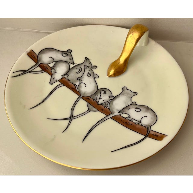 Antique early 20th century J & C Bavaria porcelain lemon server dish. Decorated with hand painted mice by Hecklin Studio...