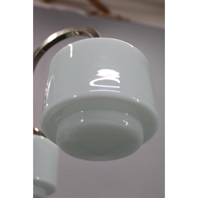 Art Deco Nickel Pendant Light with Cylindrical Light Opaline Shades, Czechoslovakia, 1930s For Sale - Image 10 of 15