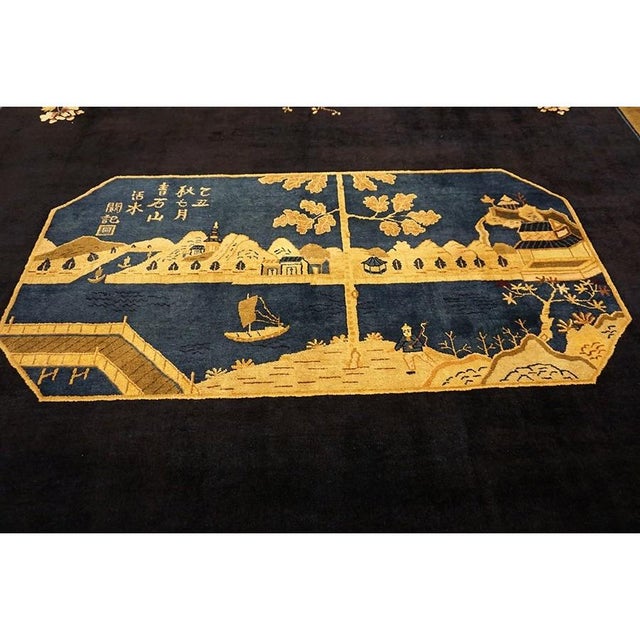 Textile 1920s Navy Blue Antique Chinese Painterly Peking Knotted Large Oversized Big Rug For Sale - Image 7 of 10