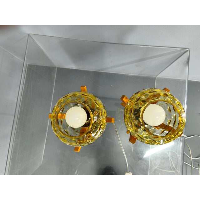 Mid-Century Wood and Yellow Glass Table Lamps, Czech, 1970s, Set of 2 For Sale - Image 4 of 11
