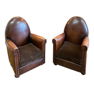 1940s Vintage Cathedrale Art Deco Leather Chairs- A Pair For Sale