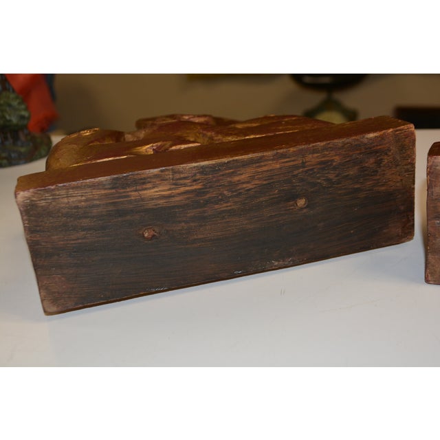 Pair Carved Wood Seated Rams Gold / Burgundy Wash For Sale - Image 11 of 14