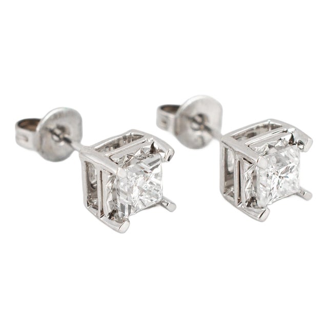 Unisex 14k White Gold 0.80ct. Princess Cut Diamond Sophisticated Stud Earrings, Pair For Sale