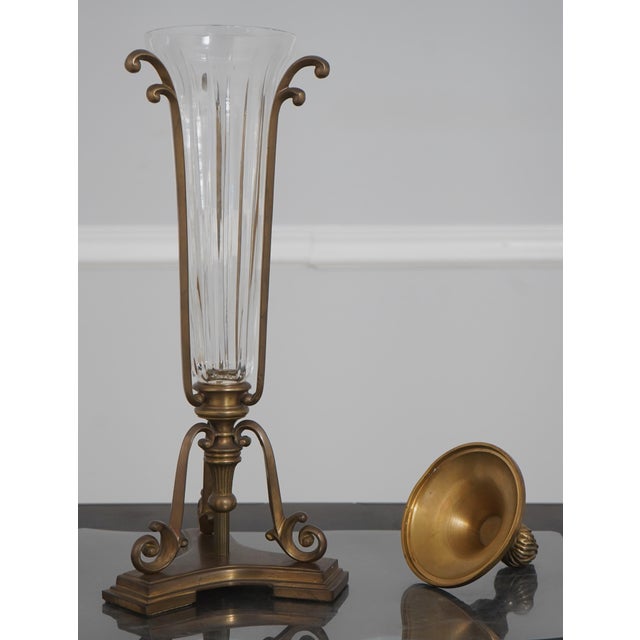 1980s Pair of Brass & Glass Lidded Vase Candle Holder Epergne For Sale - Image 4 of 12