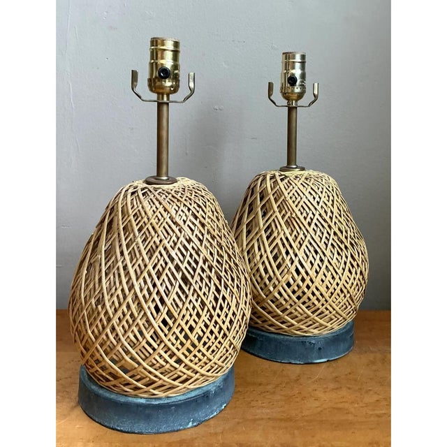 Tan Vintage Rattan and Verdigris Metal Table Lamps - Pair For Sale - Image 8 of 12
