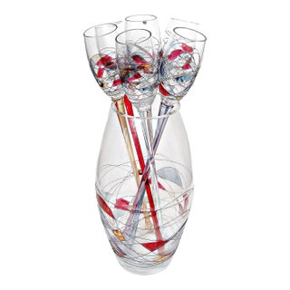 Vintage French Style Hand Blown Art Glass Long Stem Champagne Flutes With Matching Vase - 7 Piece Set For Sale