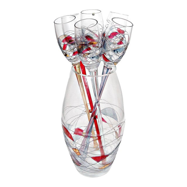 Vintage French Style Hand Blown Art Glass Long Stem Champagne Flutes With Matching Vase - 7 Piece Set For Sale