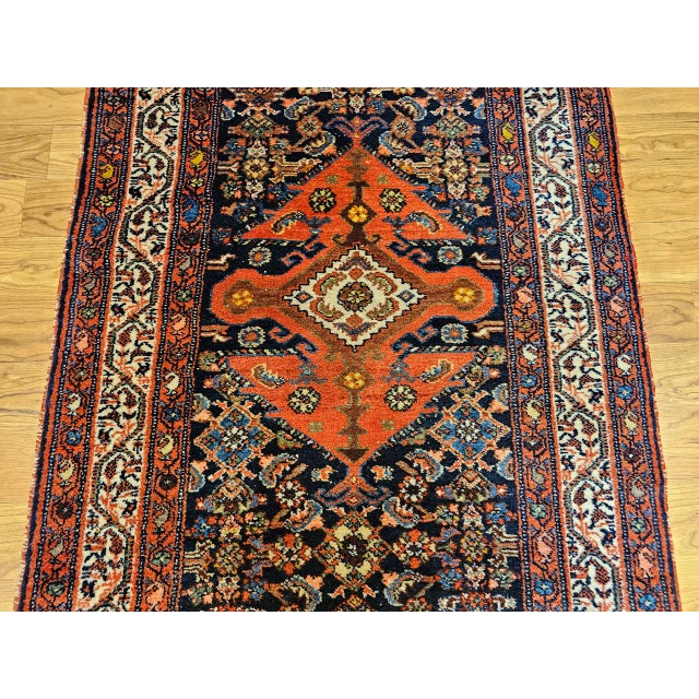 Vintage Persian Malayer Runner Rug, Hand-Knotted Wool, Geometric Pattern, 3x20, Navy & Red For Sale - Image 11 of 14