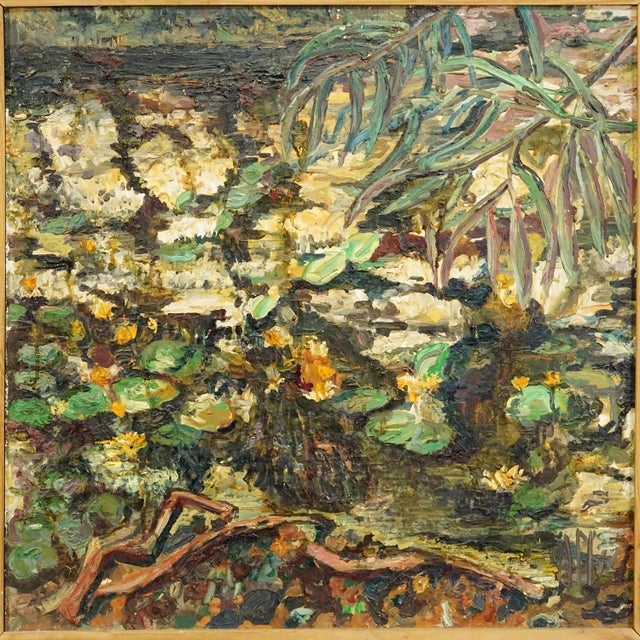 Impressionist Alexander Michael Oil Painting of a Pont With Water Lilies 1972 For Sale - Image 3 of 6