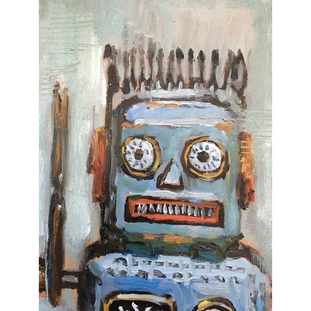 Descriptions Curly the Robot" is a fusion of dynamic colors, movement and futuristic technology An oil on canvas painting...