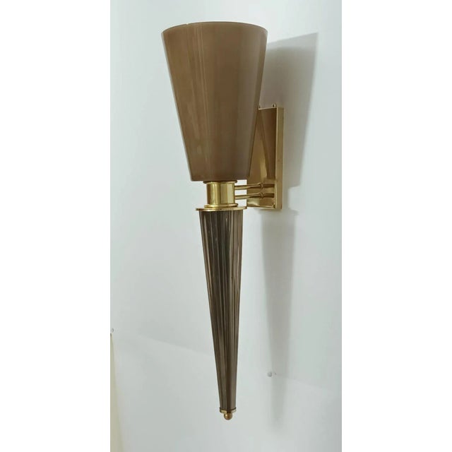 Italian torchere wall sconces with hand blown smoky brown Murano glass cone shades mounted on brass frames / Made in Italy...