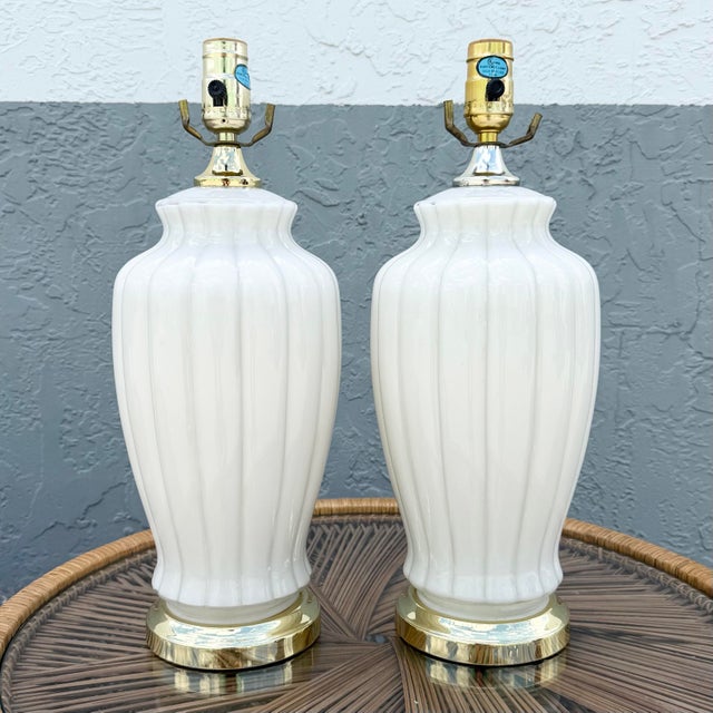 Hollywood Regency Hollywood Regency White Glass Scalloped Table Laps With Gold Accents - A Pair For Sale - Image 3 of 7