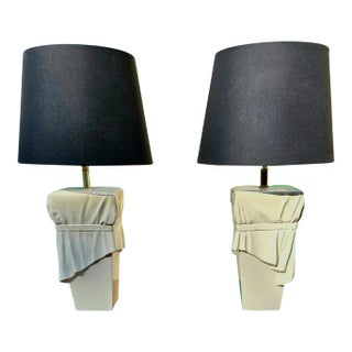 Pair of Mid 20th Century John Dickinson Style Tromp L’oeil Draped Glazed Ceramic Table Lamps For Sale