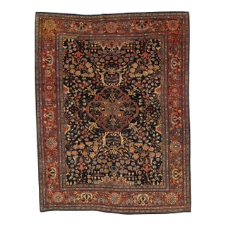 Antique Farahan Sarouk Carpet, Handmade Oriental Rug, Navy, Ivory, Green, Red For Sale