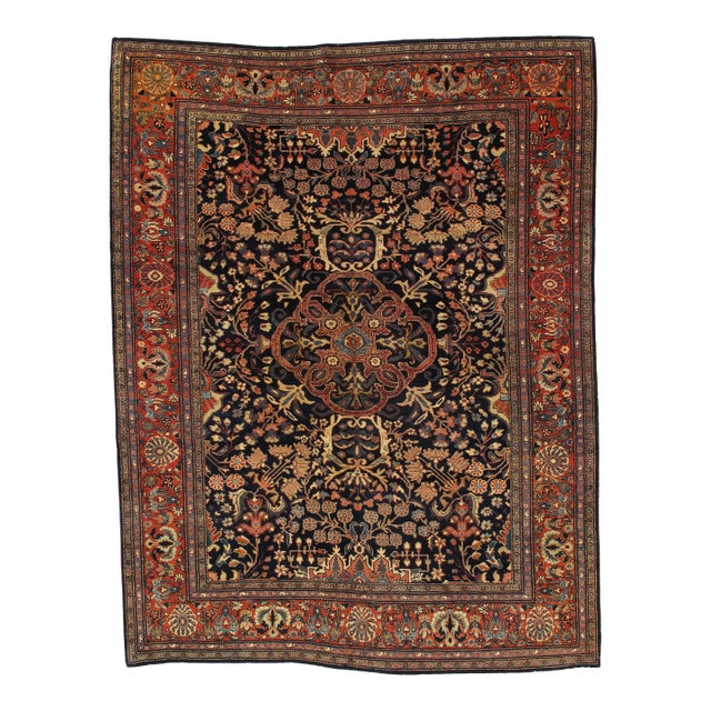Antique Farahan Sarouk Carpet, Handmade Oriental Rug, Navy, Ivory, Green, Red For Sale