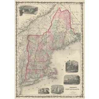 Large Antique Map of New England with Decorative Vignettes, 1861 For Sale