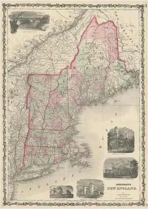 Large Antique Map of New England with Decorative Vignettes, 1861
