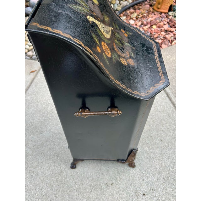 Late 19th Century Antique, Fireplace Coal Scuttle and Bucket Insert, 1880’s—1920’s, Victorian/Edwardian Decor, Tole Painted, Brass Decorative Feet and Spiraled Handles For Sale - Image 5 of 12