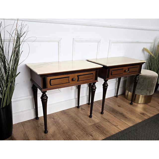 Mid-Century Modern Italian Art Deco Wooden Nightstands with Marble Top, 1950s, Set of 2 For Sale - Image 6 of 10