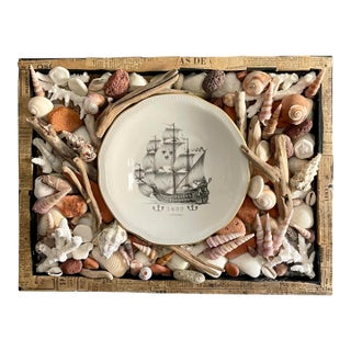 Vintage Maritime Shadowbox With Shells & Porcelain Galleon Plate For Sale