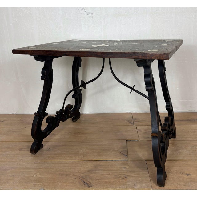 1930s Spanish Baroque Style Side Table with Floral Marquetry Top and Ebonized Base For Sale - Image 10 of 13