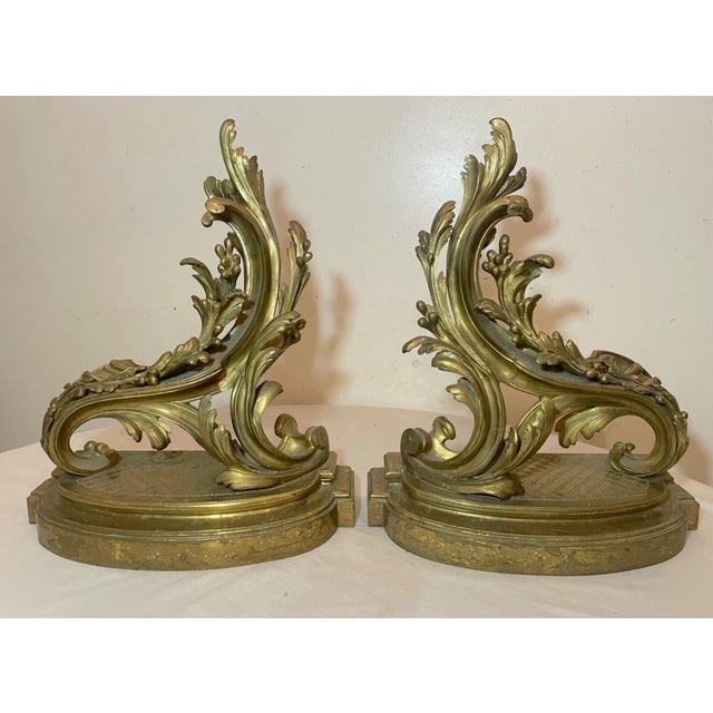 Pair of Antique 19th Century Ornate Rococo Gilt Bronze Fireplace Andirons Brass For Sale - Image 4 of 15