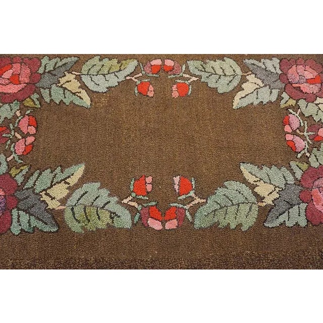 Stately Brown Color Floral Desing Antique American Hooked Rug For Sale In New York - Image 6 of 12