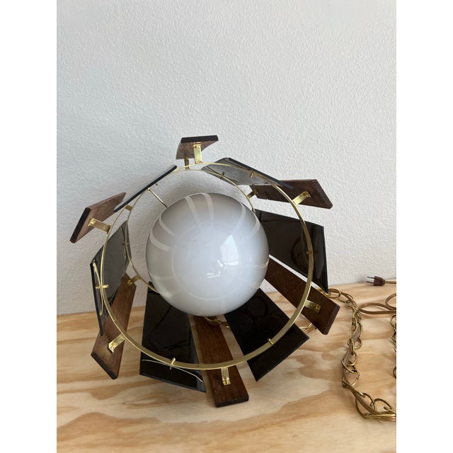 1970s 1970s Mid-Century Modern Swag Lamp Light With Smoked Lucite & Wood Panels For Sale - Image 5 of 12
