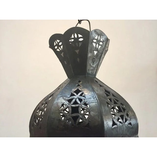 Handcrafted Moroccan Metal and Blue Glass Lantern, Octagonal Shape For Sale - Image 10 of 12