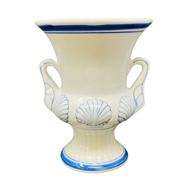 Hollywood Regency Vintage Blue and White Ceramic Handled Urn With Seashells For Sale - Image 3 of 10