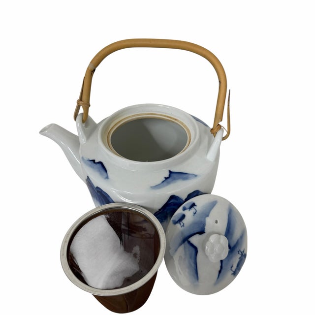 Japanese Vintage Hand Painted Blue on White Landscape Japanese Teapot For Sale - Image 3 of 7