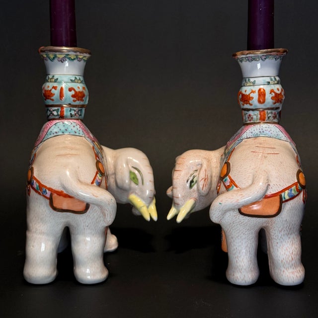 Chinese Early 20th Century Chinese Export Famille Rose Enameled Elephant Candle/Joss Holders- Set of 2 For Sale - Image 3 of 11