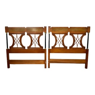 Twin Size Regency Mahogany Headboards Vintage Brass Mid Century Hollywood Bed 60s For Sale
