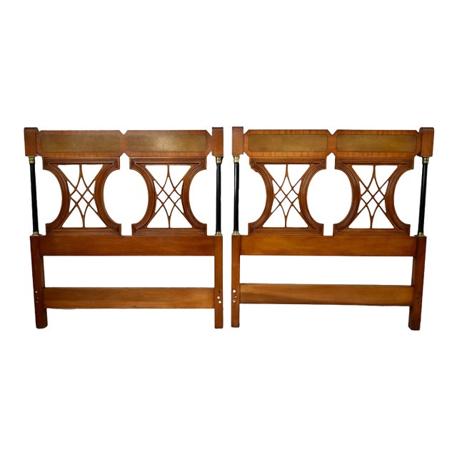 Twin Size Regency Mahogany Headboards Vintage Brass Mid Century Hollywood Bed 60s For Sale