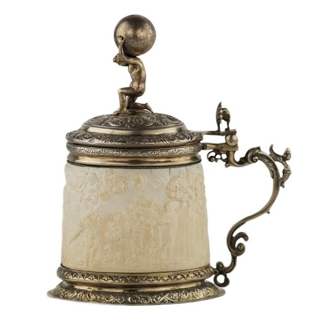 Silver Beer Tankard with Atlas and Carved Ivory Religious Scenes from Lübeck For Sale - Image 12 of 15
