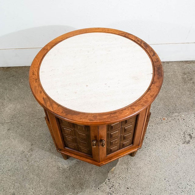 1960s Mid Century Modern Side Table End Nightstand Round Travertine Top Door Vintage For Sale - Image 10 of 12