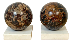 Pair Italian Grand Tour Style Brecciated Specimen Marble Spheres Carrara Bases