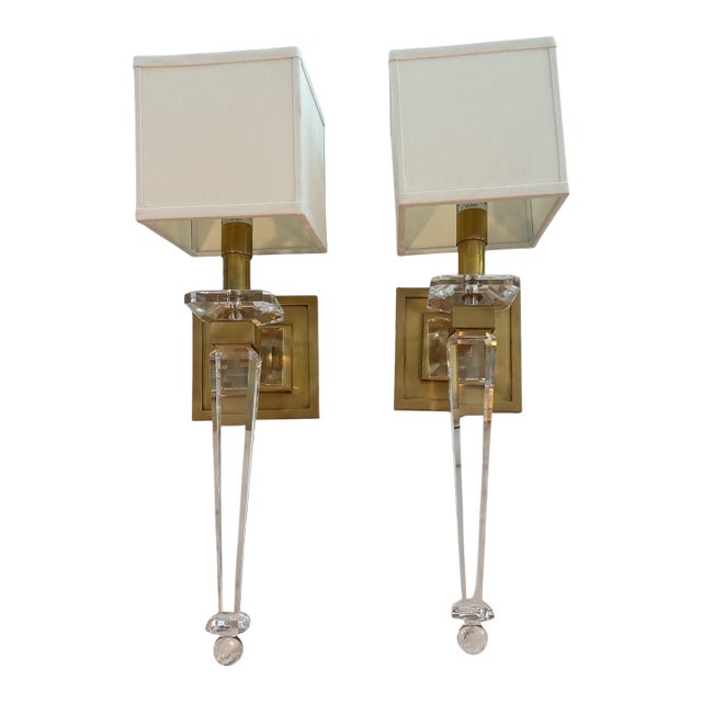 Hollywood Regency Style Crystal and Brass Wall Sconces - a Pair For Sale
