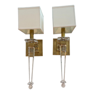 Hollywood Regency Style Crystal and Brass Wall Sconces - a Pair