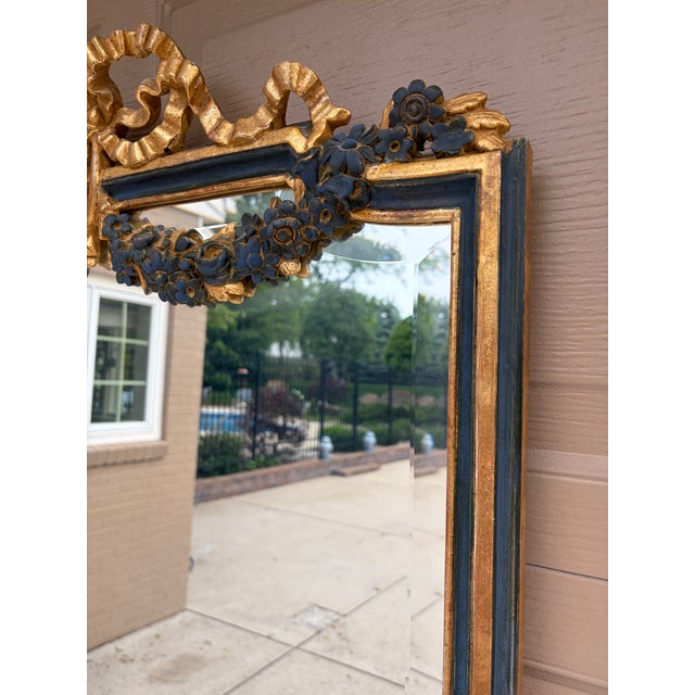 Late 20th Century Italian Giltwood Mirror With Blue Painted Details and Floral Swags For Sale In South Bend - Image 6 of 12