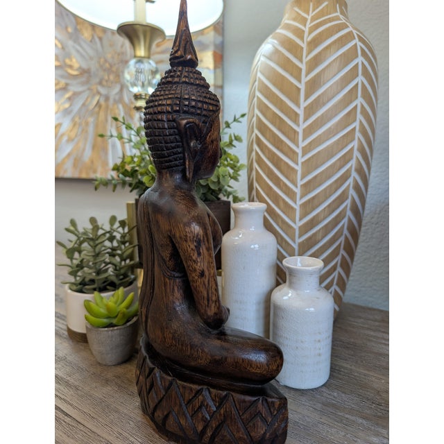Vintage Hand Carved Wooden Buddha Statue Sculpture Meditation Figure 14” Thai For Sale - Image 4 of 12